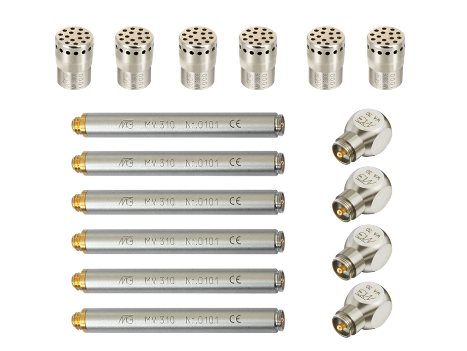 SIS194 3D 1/4", dreidimensional, IEPE*, 6 Messmikrofonvorverstärker 1/4" MV 310, 3 Messmikrofonkapselpaare 1/4" MK 390 E, Spacer 1/4", 7 und 12 mm, kundenspezifischer Ausgang, Koffer aus Aluminium nickel matt